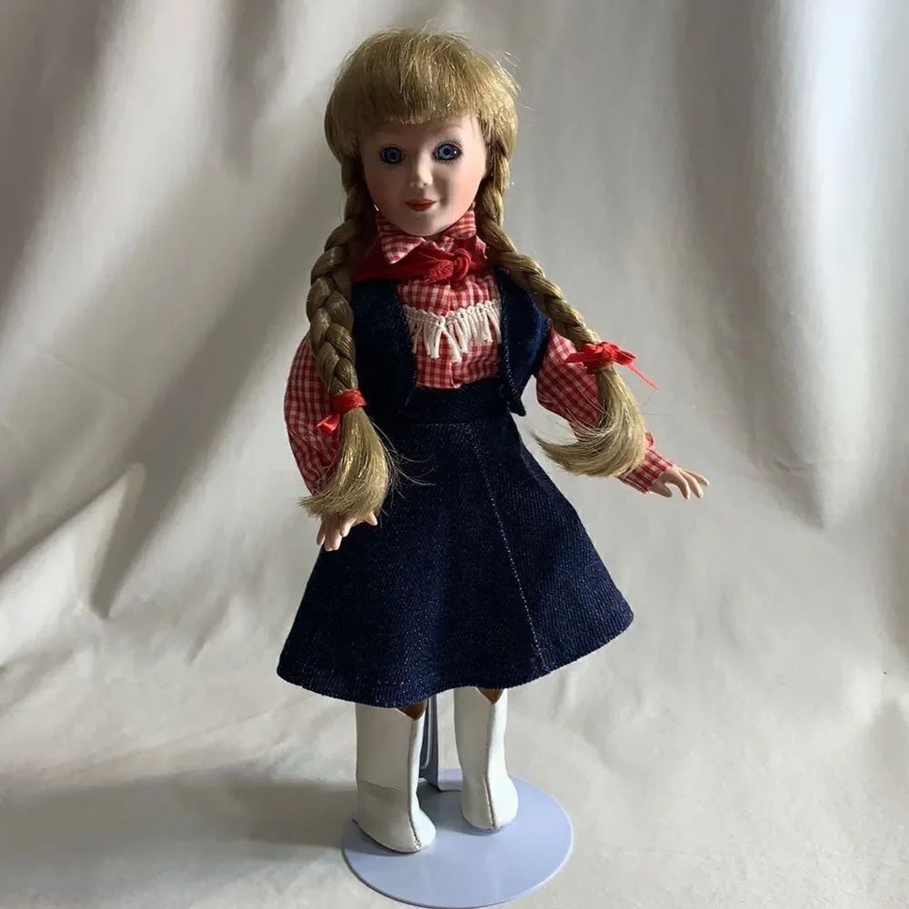Cowgirl Doll And Stand Blonde Red Gingham & Denim Decorative Collectibles Used